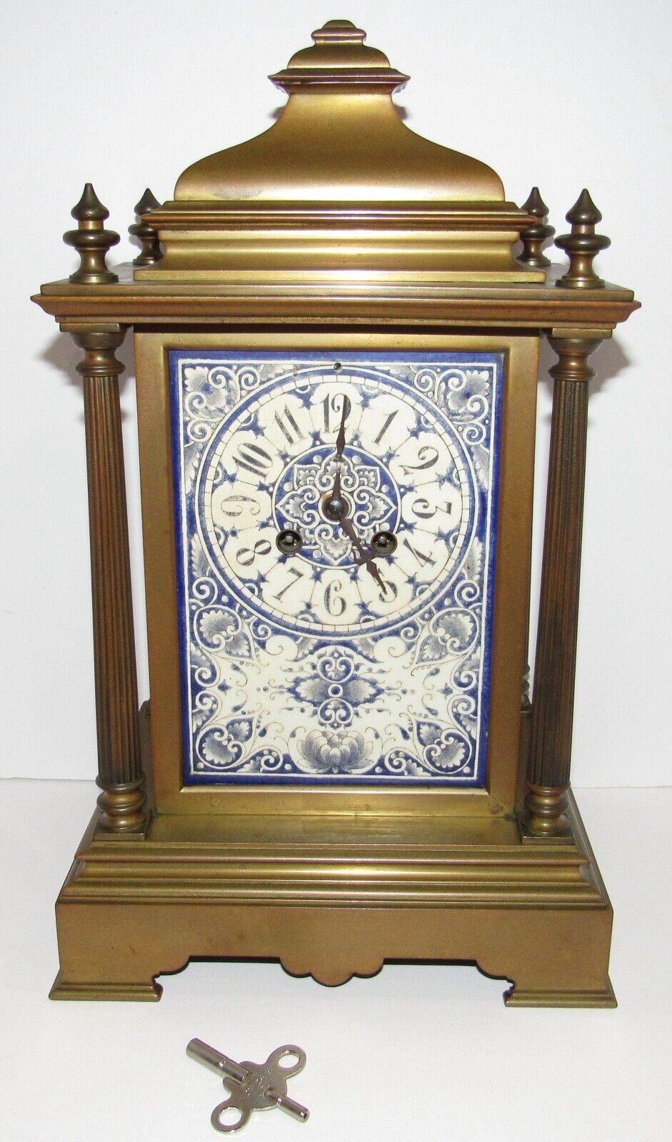 Antique Japy Freres French Bronze & Porcelain Delft Tablets Clock 8-Day