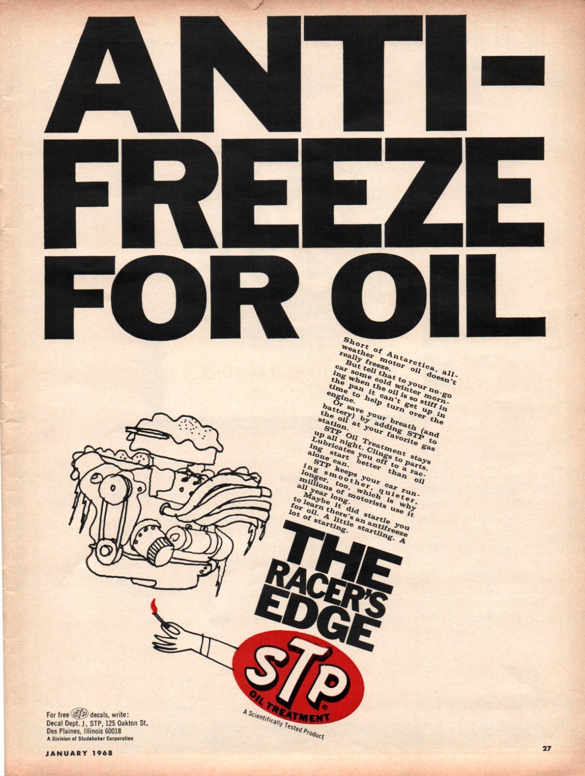 Vintage Print Ad 1968 STP Anti Freeze The Racer's Edge Vintage Print Ad 1968 STP Anti Freeze The Racer's Edge