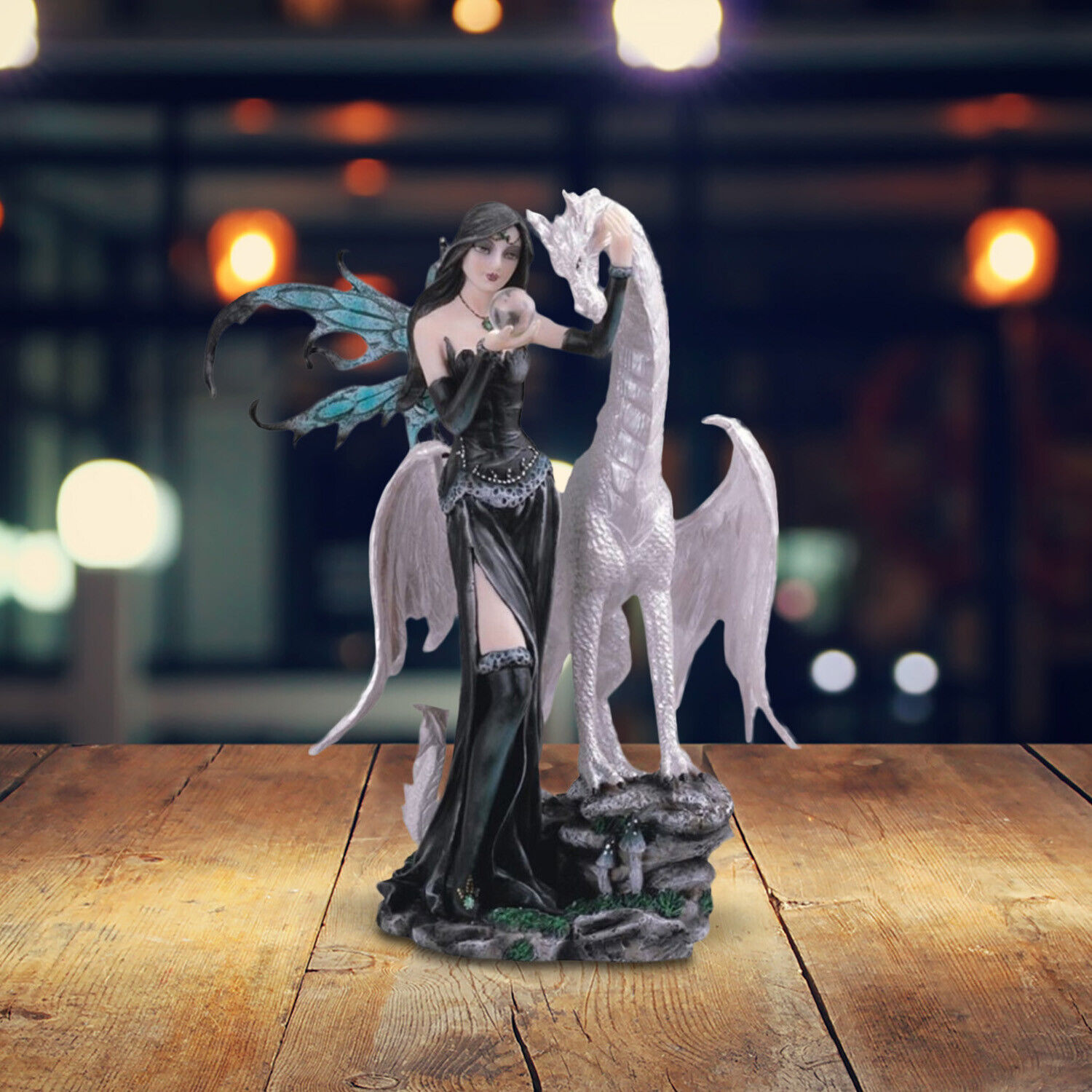 Gothic Black Fairy Holds Clear Crystal Ball w/ White Dragon Statue 10\