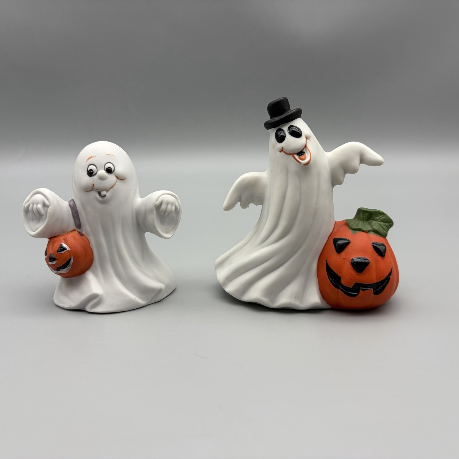 VTG Halloween Ghosts w/ Jack O Lantern Pumpkins Ceramic Trick Or Treat Set Of 2 VTG Halloween Ghosts w/ Jack O Lantern Pumpkins Ceramic Trick Or Treat Set Of 2