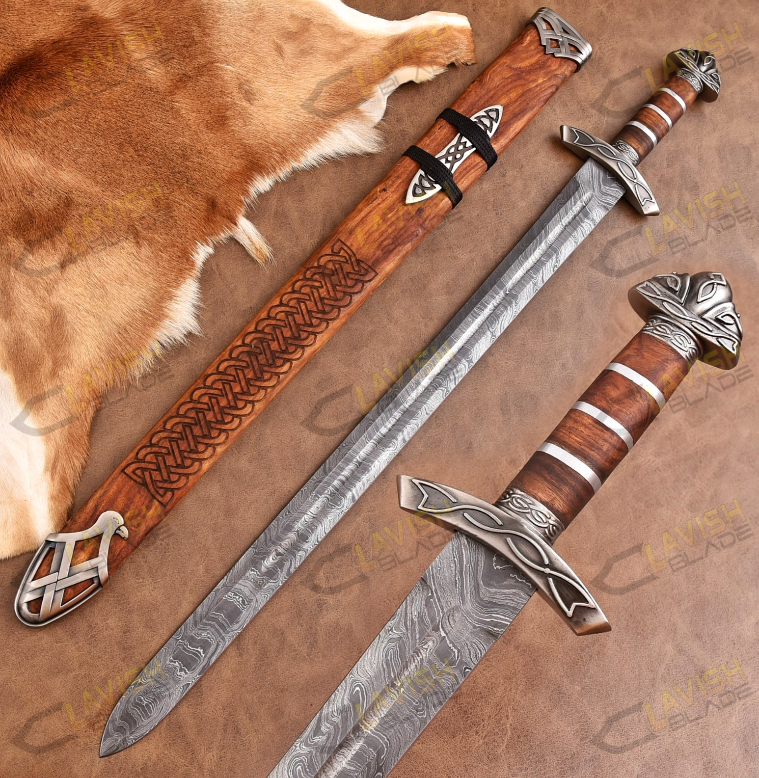 Hand Forged Damascus Steel Norsemen Sword Medieval Viking Replica with Scabbard. Hand Forged Damascus Steel Norsemen Sword Medieval Viking Replica with Scabbard.