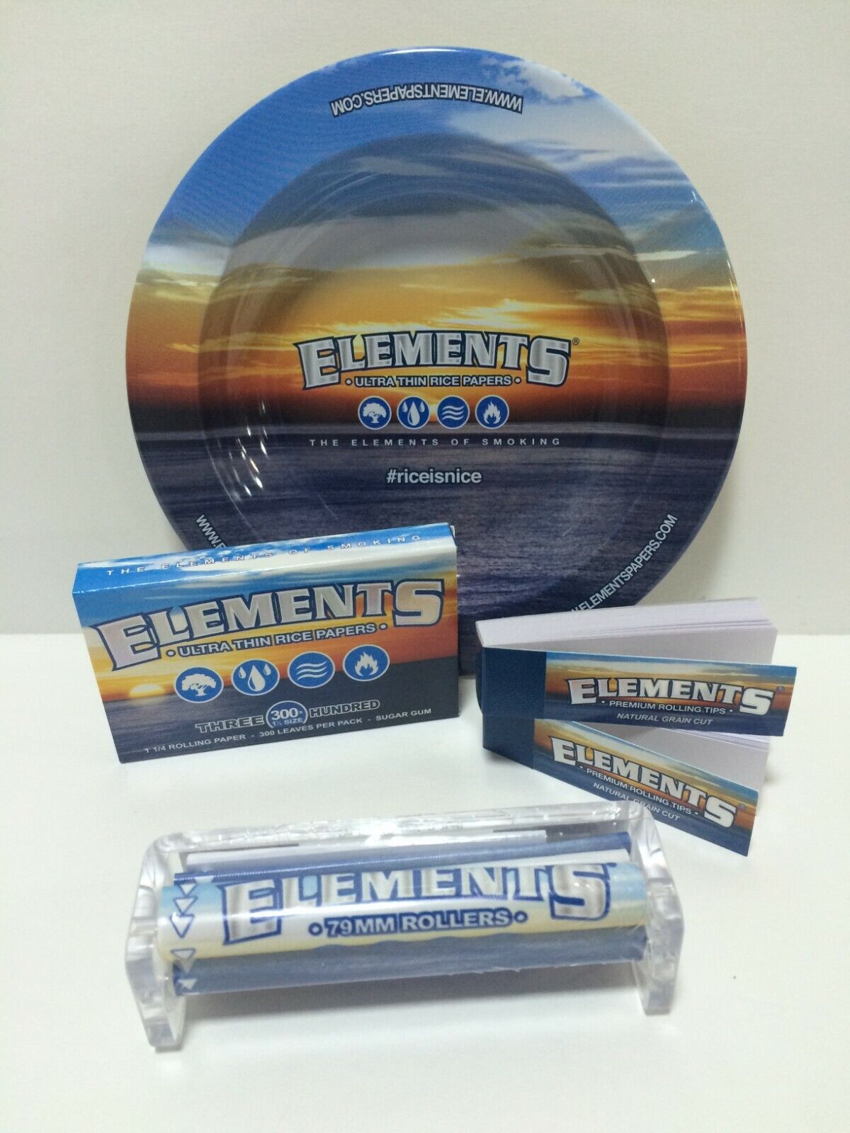 ELEMENTS Bundle - Pack of 300 1 1/4 Size Papers, 79mm Roller, 2 Tips & ASHTRAY 