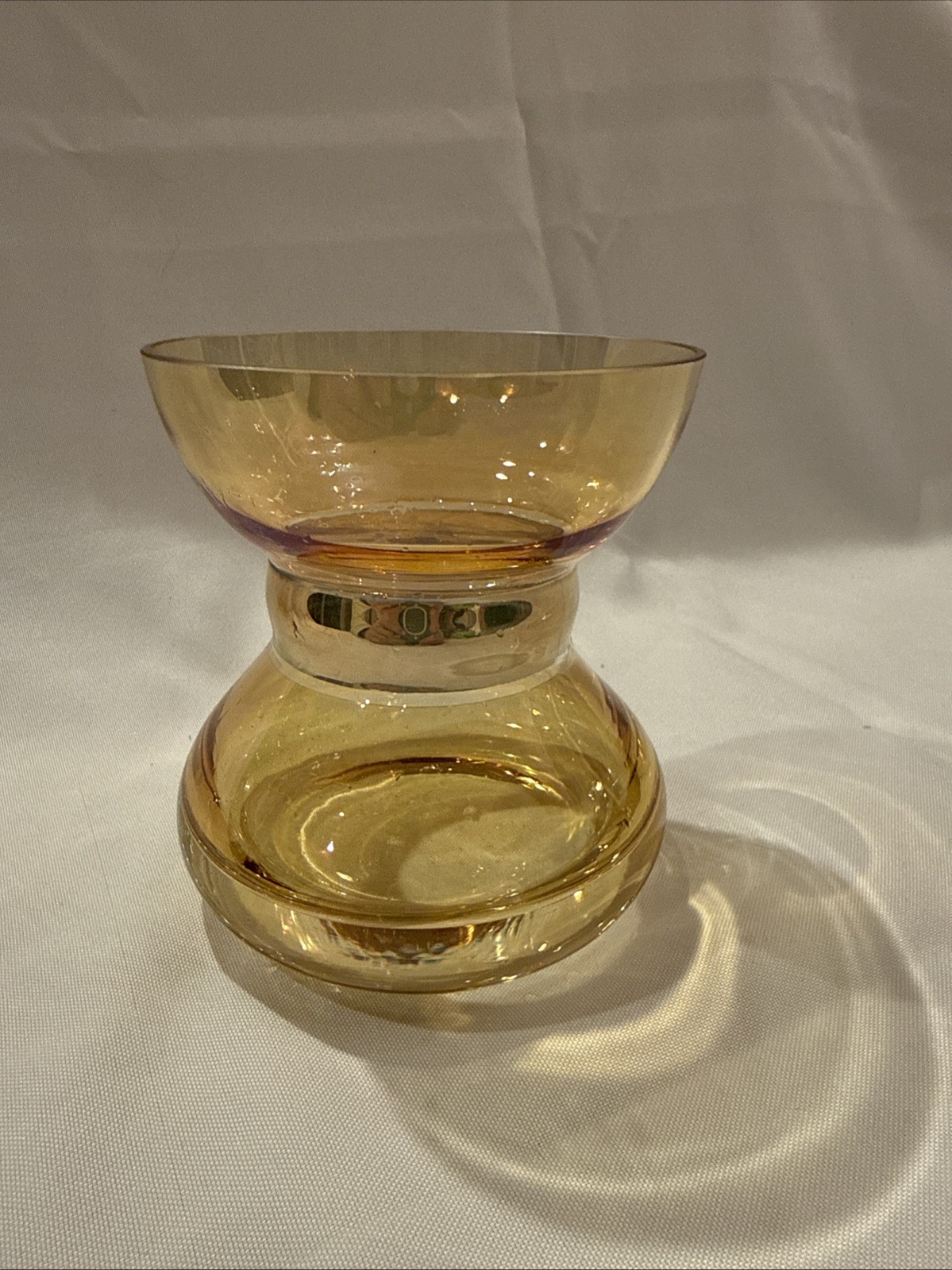 Vintage Mid Century Amber Art Glass 5" Flared Hourglass Vase Gold Ring MCM Vintage Mid Century Amber Art Glass 5" Flared Hourglass Vase Gold Ring MCM