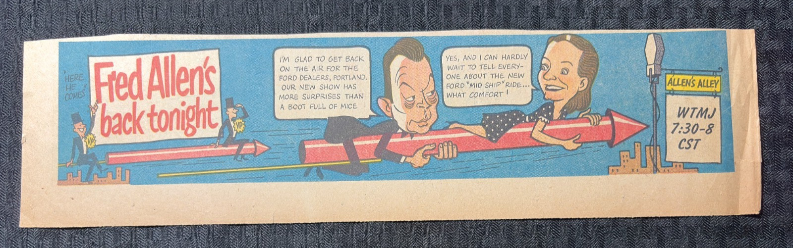 1949 FRED ALLEN'S BACK TONIGHT 15x4" Print Ad VG+ 4.5 Here He Comes WTMJ 1949 FRED ALLEN'S BACK TONIGHT 15x4" Print Ad VG+ 4.5 Here He Comes WTMJ