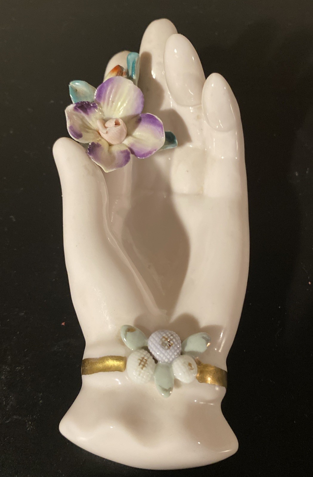 Vintage Porcelain Hand Ring Holder Hand Painted Figurine Floral Gold Trim