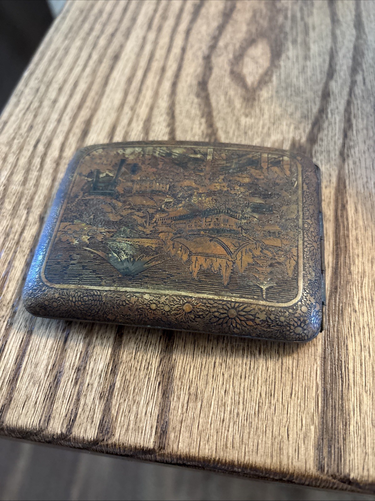 Antique Japanese Damascene Enamel Cigarette Case with Mt. Fuji & Dragon Antique Japanese Damascene Enamel Cigarette Case with Mt. Fuji & Dragon