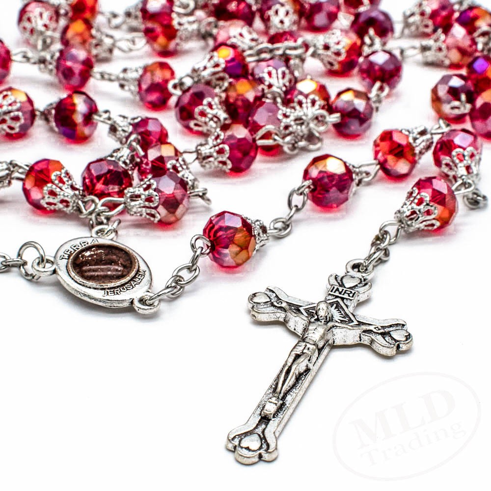 Deep Red Rosary Necklace – Catholic Crucifix 8mm Crystal Glass Prayer Beads Deep Red Rosary Necklace – Catholic Crucifix 8mm Crystal Glass Prayer Beads