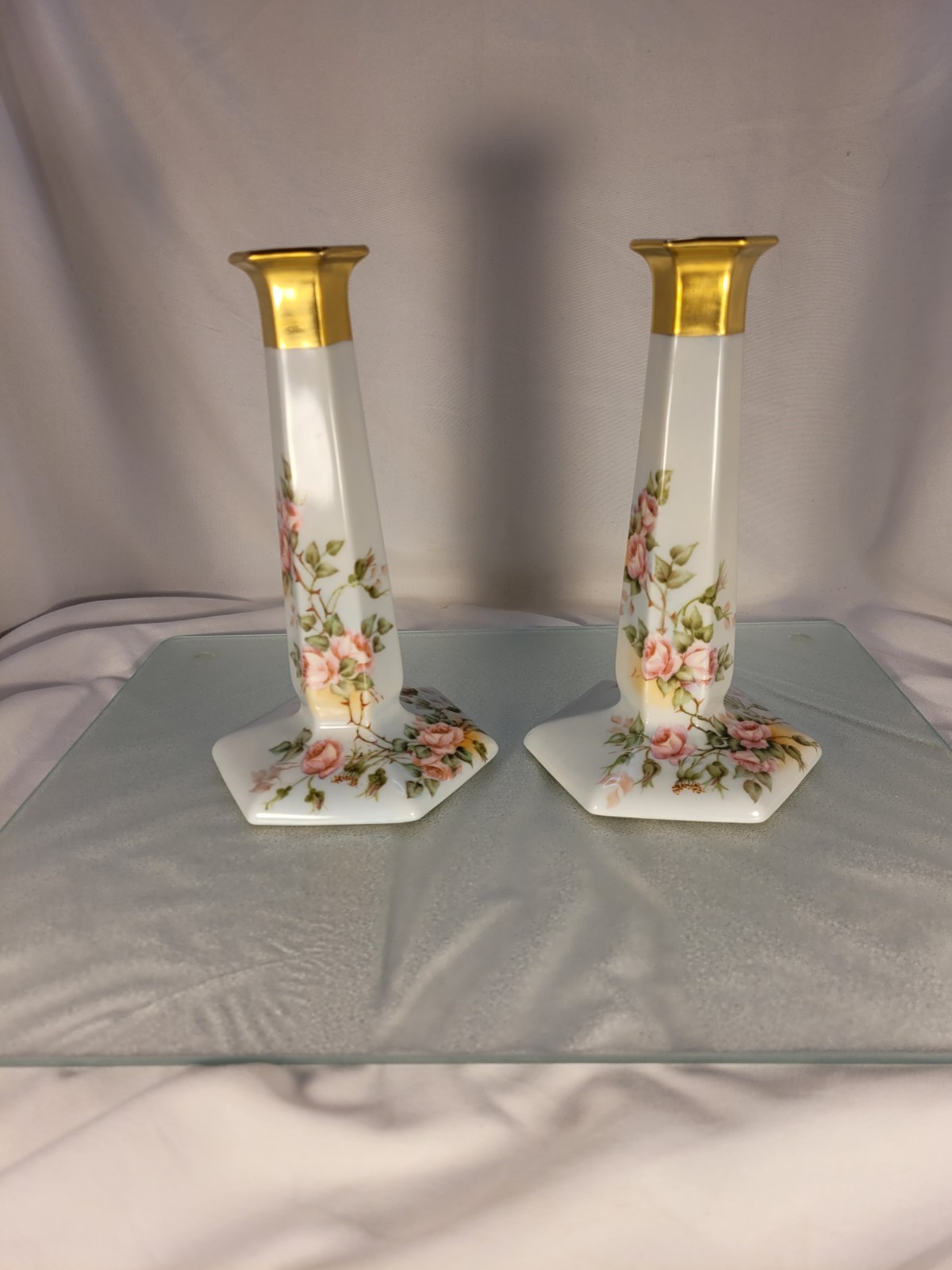 Antique Lenox American Belleek Pair of Candlesticks Hexagonal Hand Painted Roses Antique Lenox American Belleek Pair of Candlesticks Hexagonal Hand Painted Roses