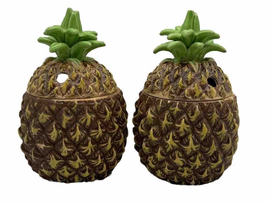 Vintage PAIR Otagiri Tiki Pineapple Mugs with Lid Ceramic-double straw
