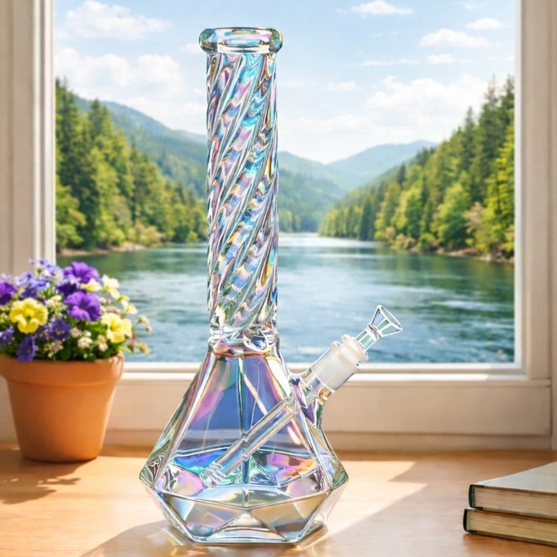 15" Iridescent Glass Bong Percolator Water Pipe Thick Smoking Hookah Beaker us