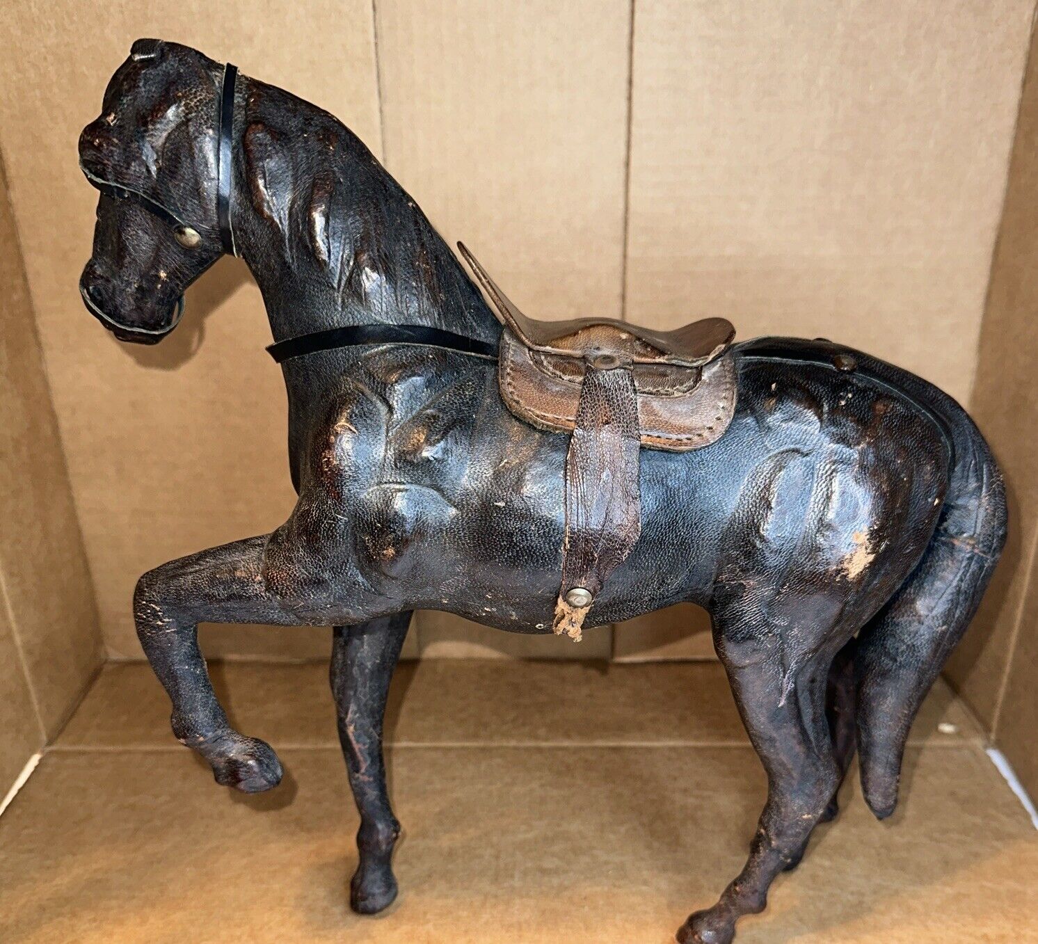Vintage Leather-Wrapped Horse Figurine with Tack Folk Art Decor - Rare
