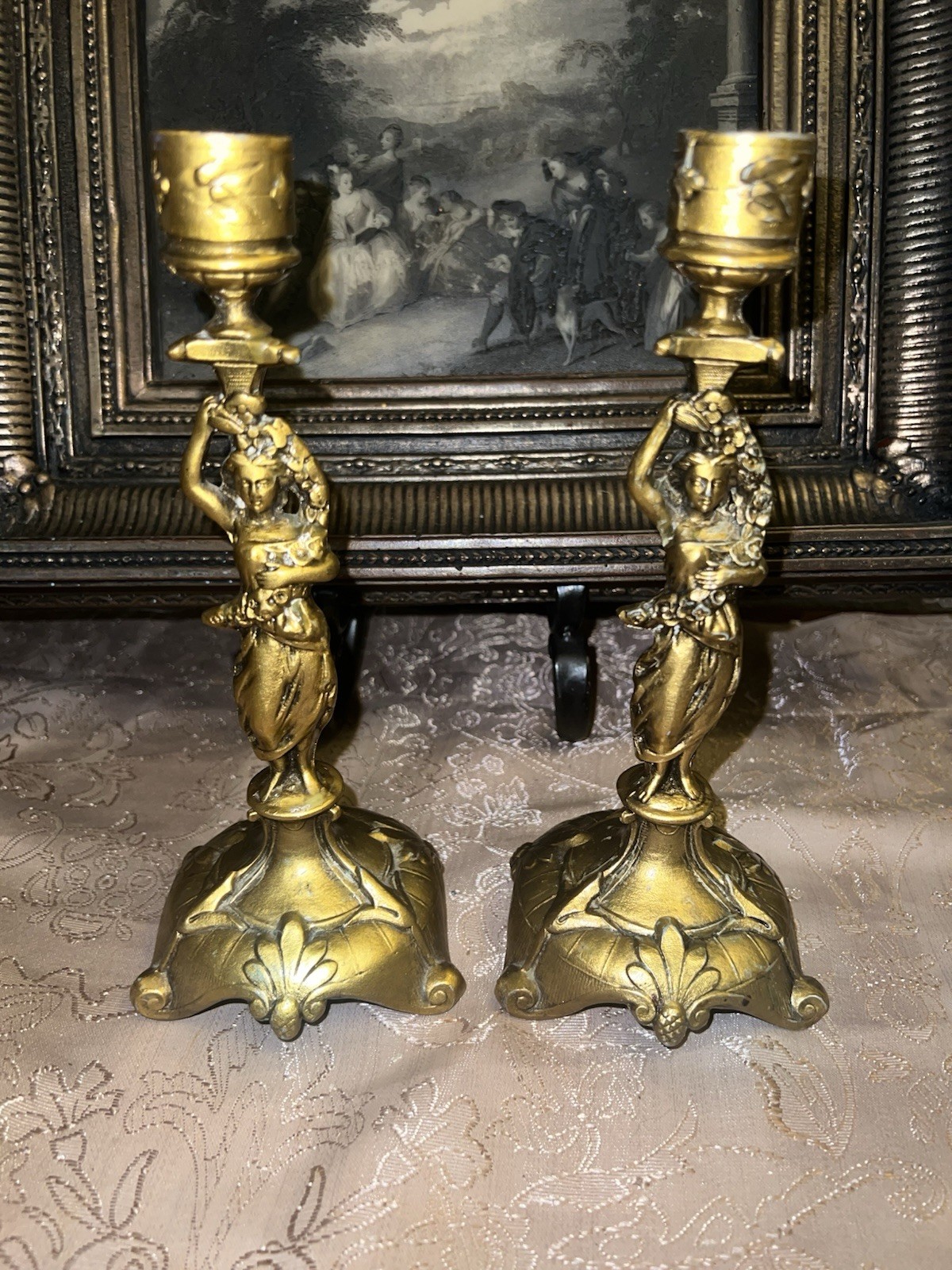Elegant Pair of Candlesticks Signed A.B. Art Nouveau Victorian Style Elegant Pair of Candlesticks Signed A.B. Art Nouveau Victorian Style