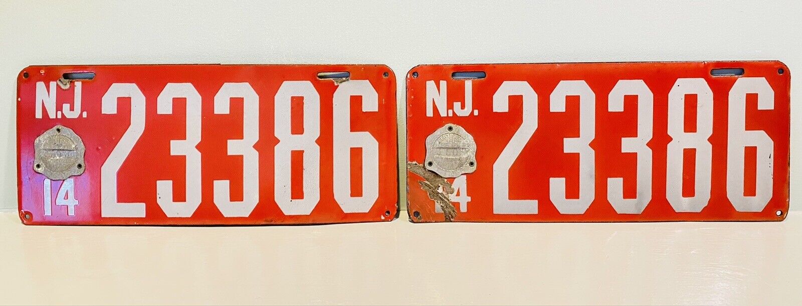 1914 New Jersey Porcelain License Plate PAIR Red White 23386 Garage Decor ALPCA