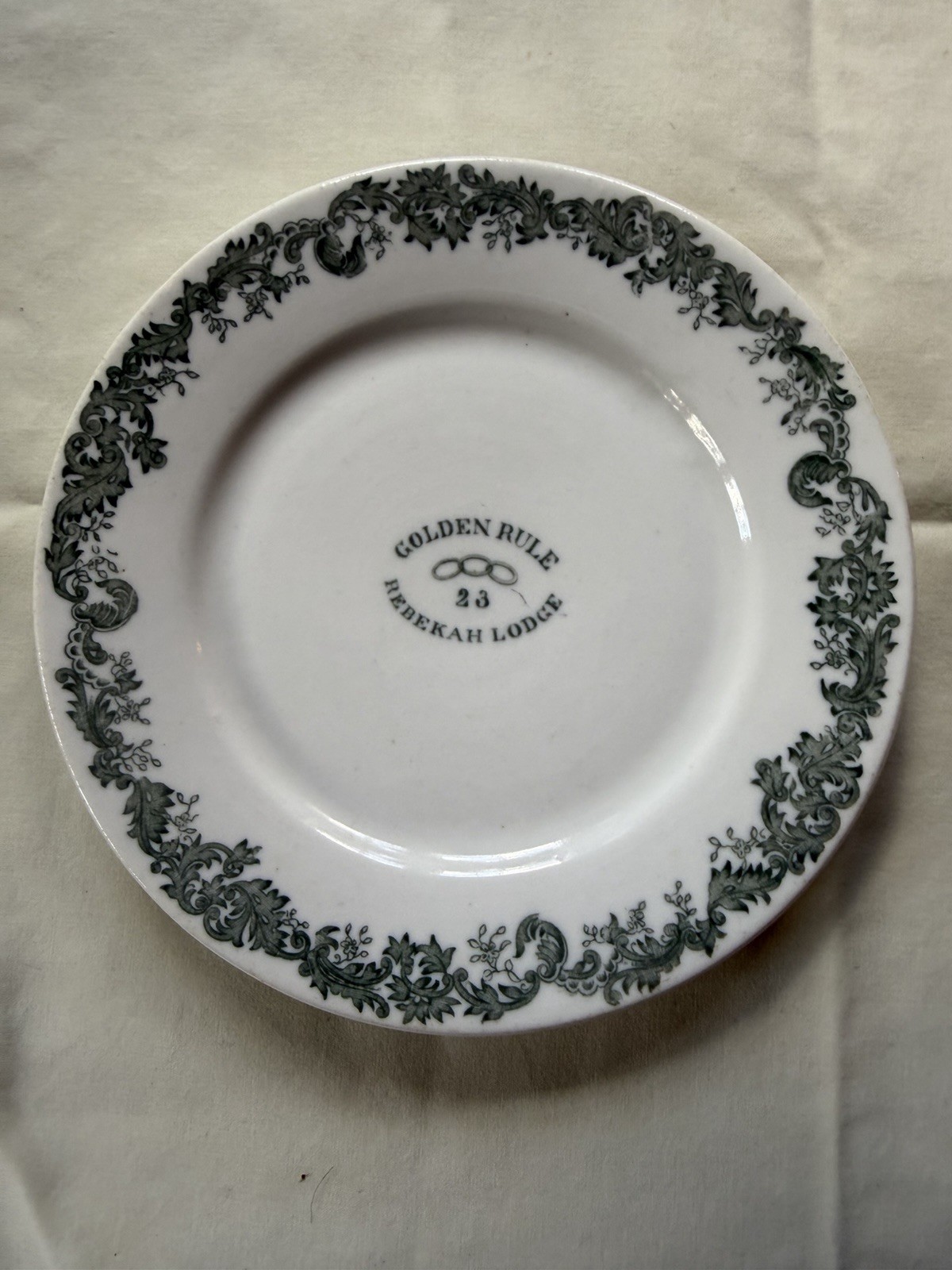 Greenwood China Golden Rule Lodge Plate White/Green Border Hotel & Motel
