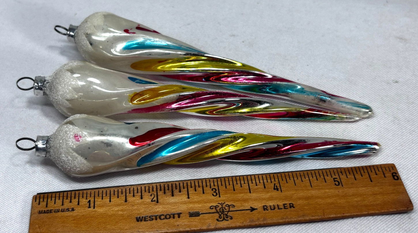 3 Antique Mercury Glass twisted ICICLES 6" frosted tops, multi-color W. GERMANY 3 Antique Mercury Glass twisted ICICLES 6" frosted tops, multi-color W. GERMANY