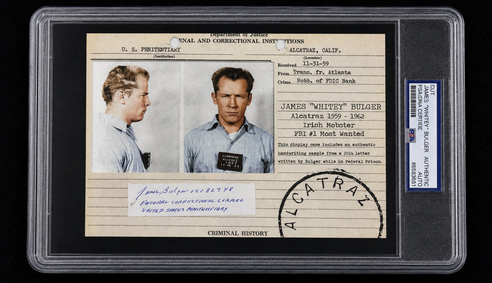 Signed James Whitey Bulger The Departed Winter Hill Gang Alcatraz Cut Auto PSA Signed James Whitey Bulger The Departed Winter Hill Gang Alcatraz Cut Auto PSA