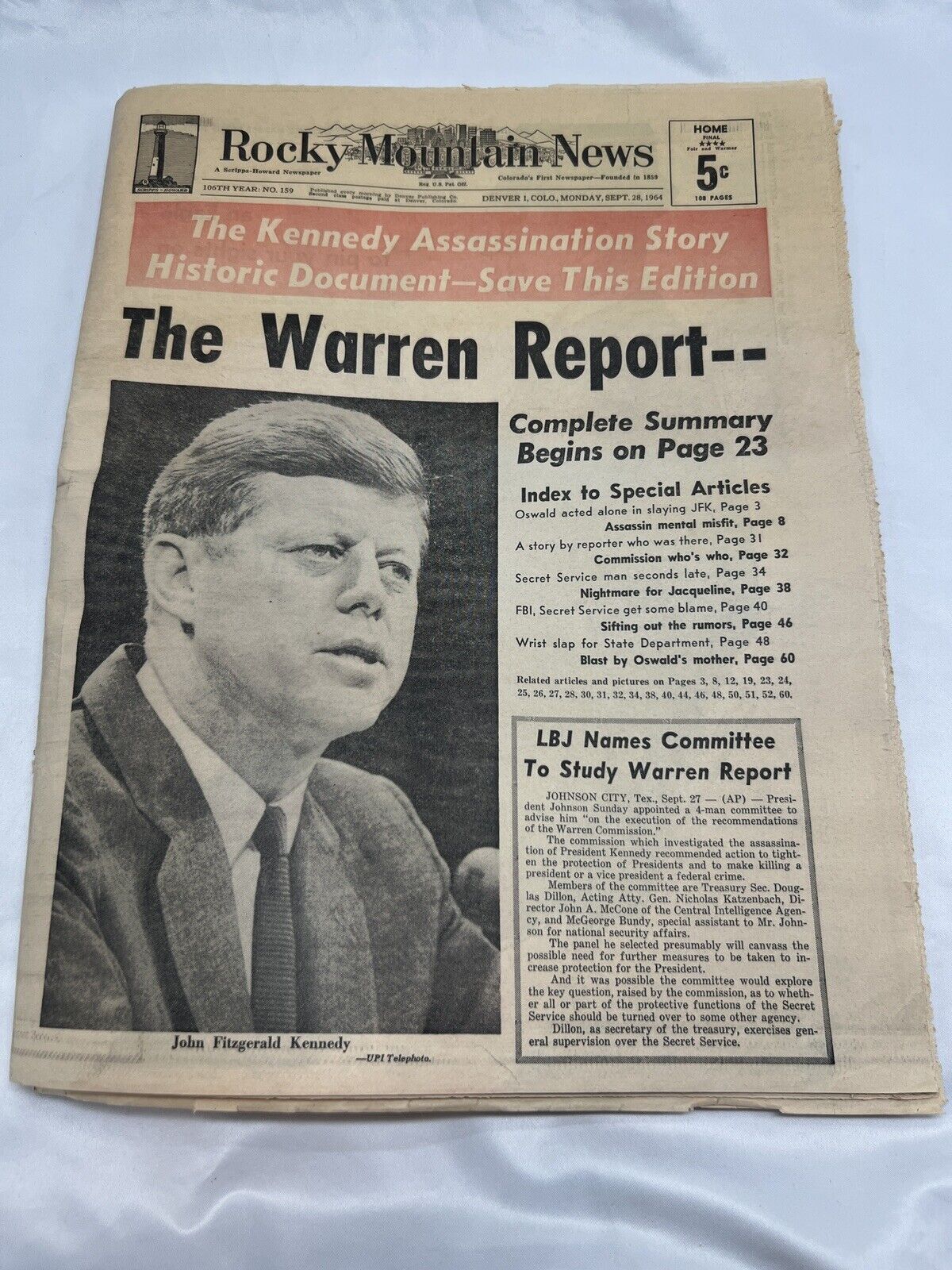 Rocky Mountain News THE KENNEDY ASSASINATION STORY Warren Report Sept 28 1964 Og