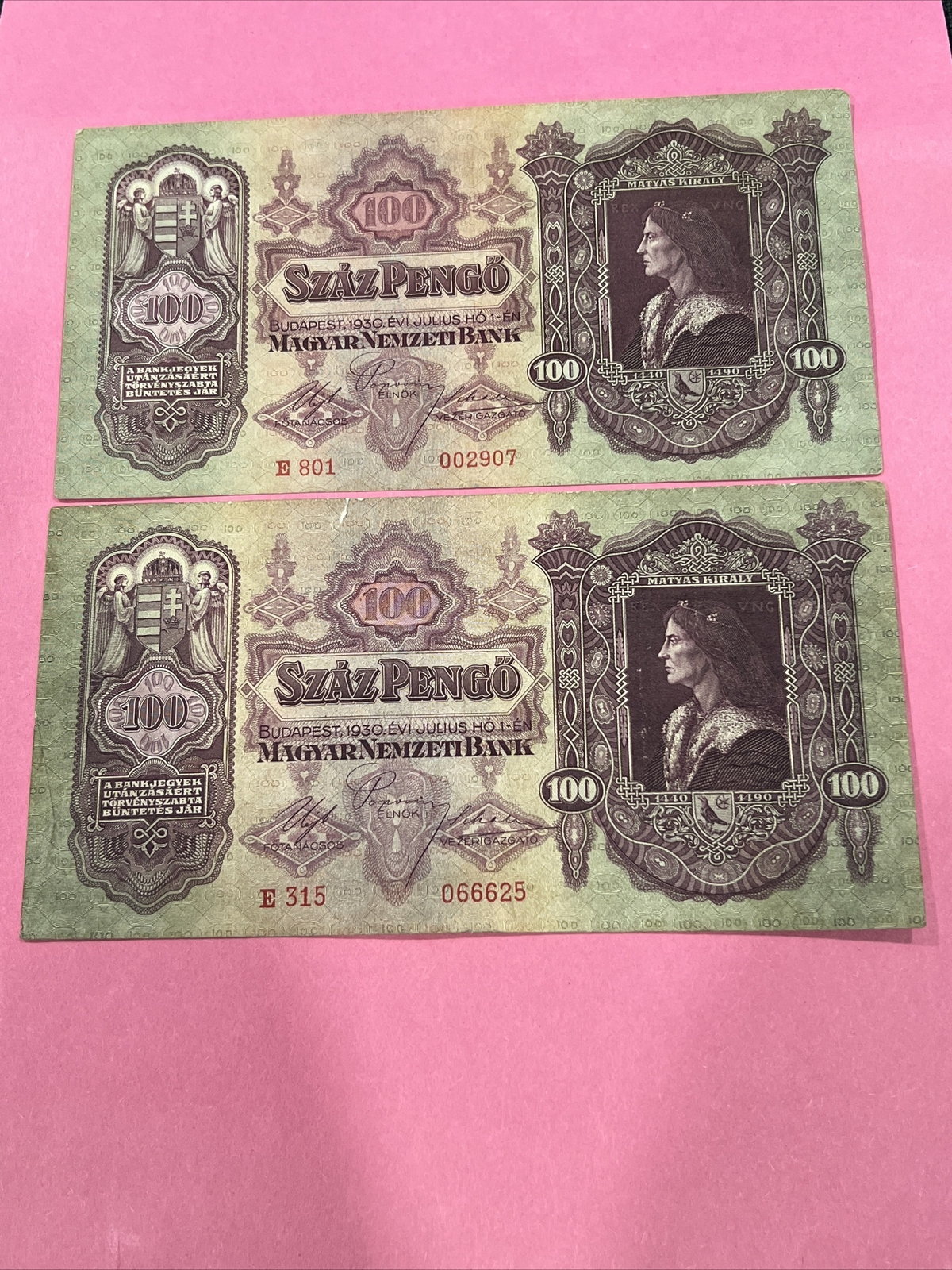 2 Banknote 1930 Kingdom Hungary Hungarian 100 Szaz Pengo Matyas Kiraly
