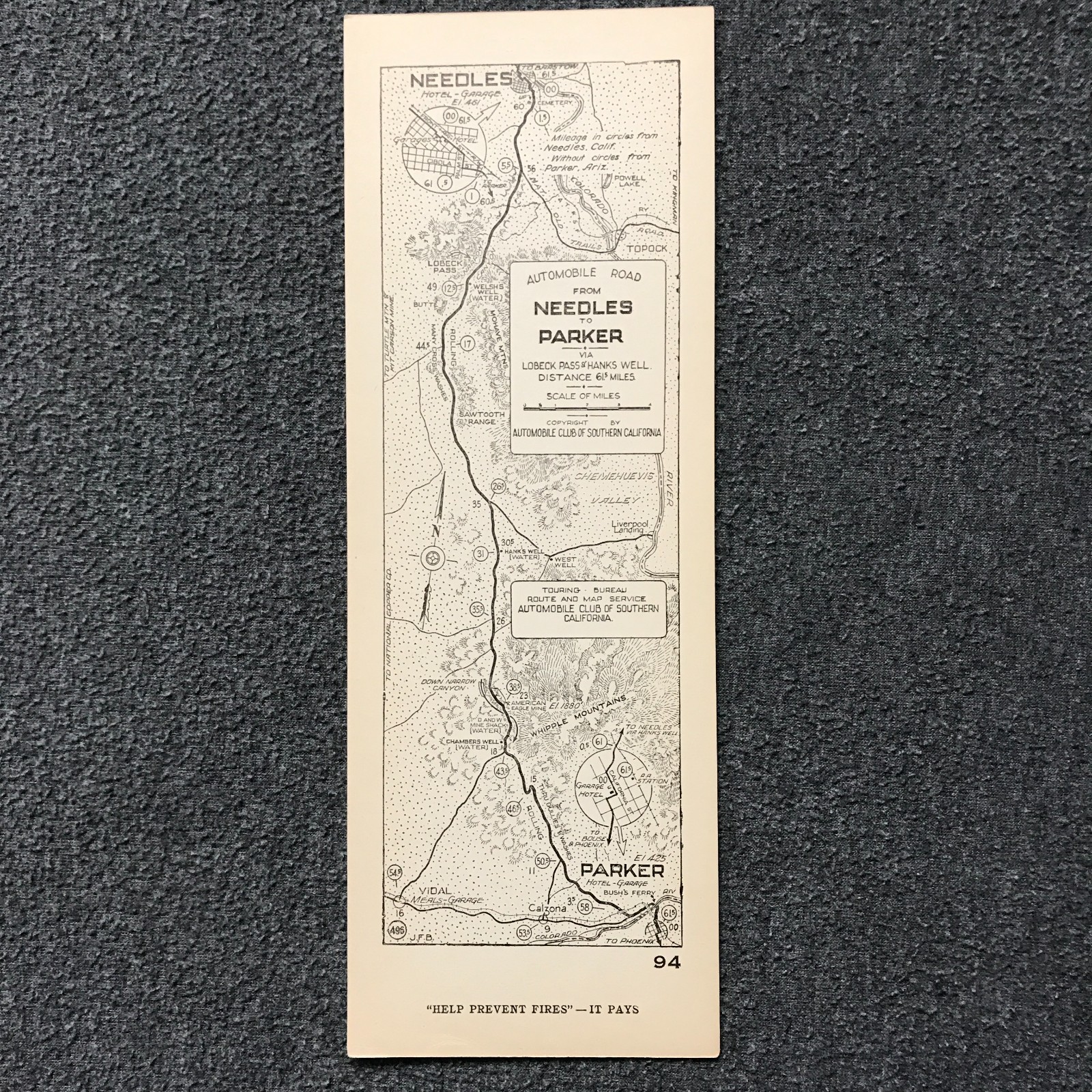 Vintage 1925's Auto Club Strip Road Map Needles to Parker California Arizona #94 Vintage 1925's Auto Club Strip Road Map Needles to Parker California Arizona #94