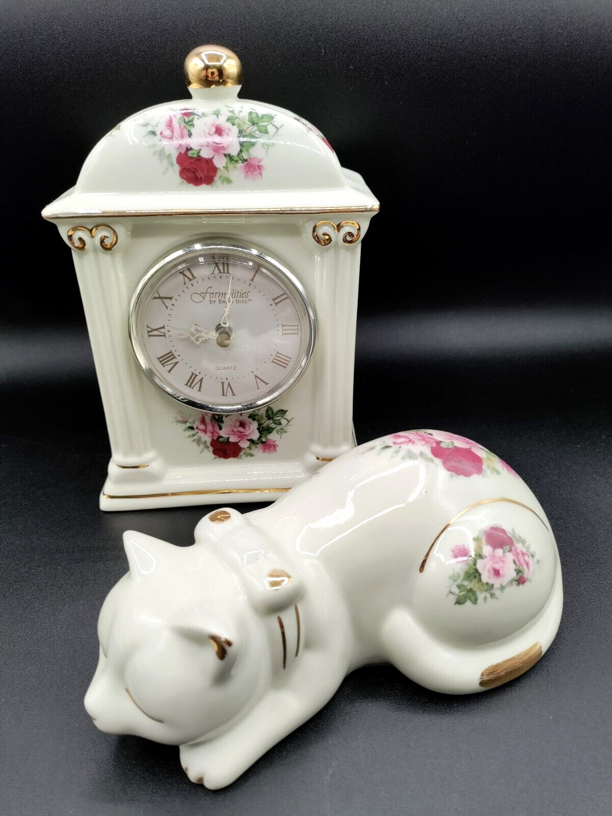 Formalities by Baum Bros Mantle Clock and Cat Figurine Roses and Gold Accents