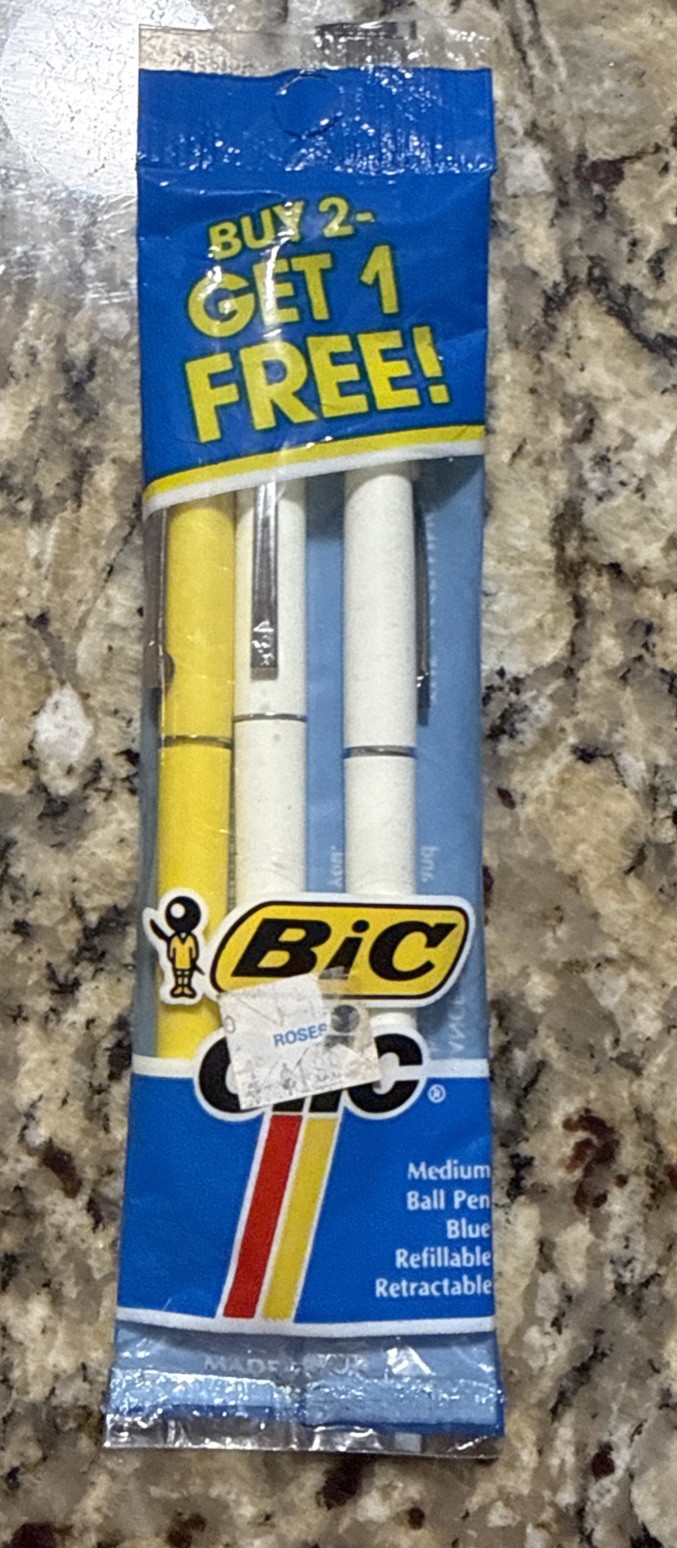 NOS Vintage 1984 Bic Clic Pens in Bag White Yellow Medium Point Blue Ink
