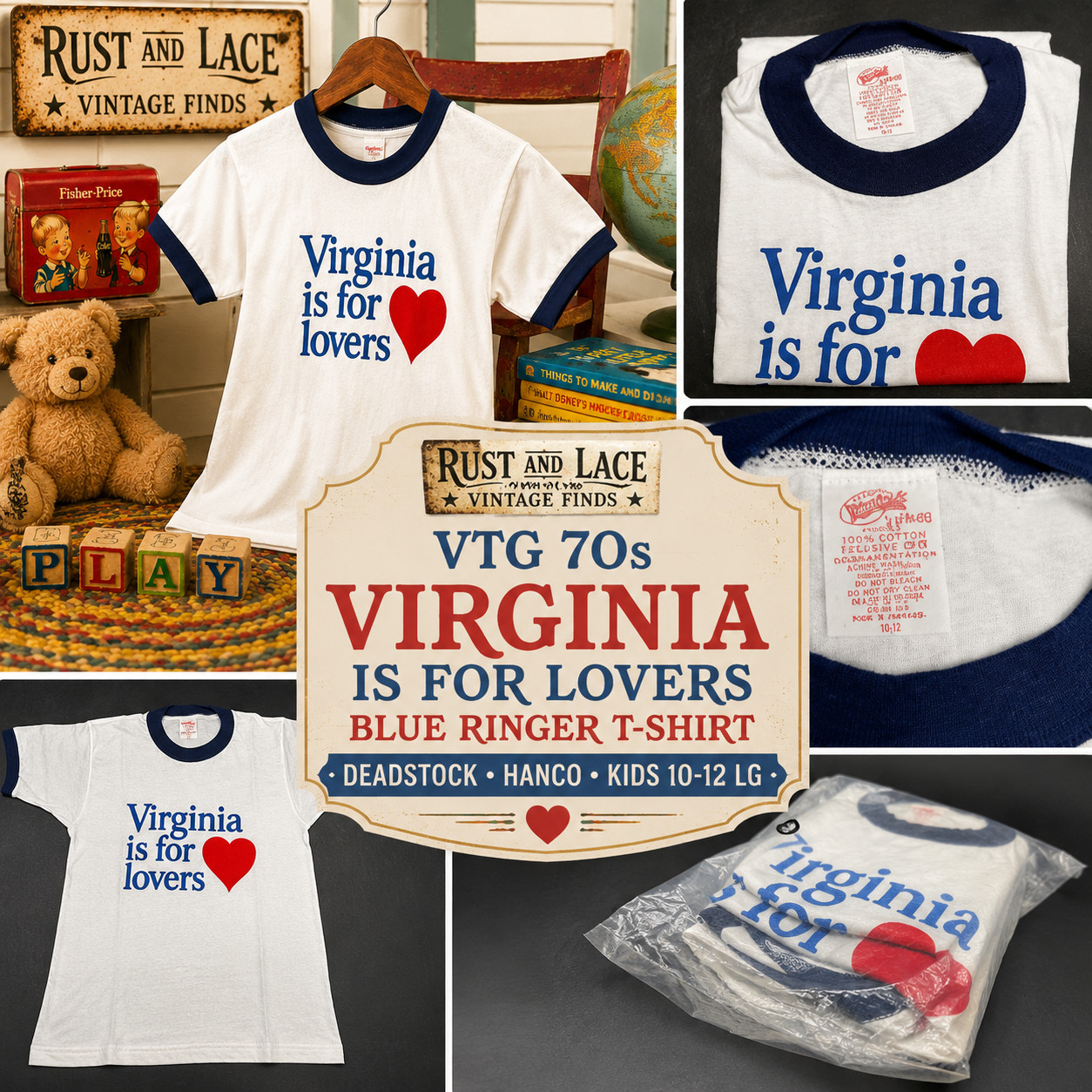 VTG 70s Virginia Is For Lovers Blue Ringer T-Shirt Deadstock Hanco Kids 10-12 LG VTG 70s Virginia Is For Lovers Blue Ringer T-Shirt Deadstock Hanco Kids 10-12 LG