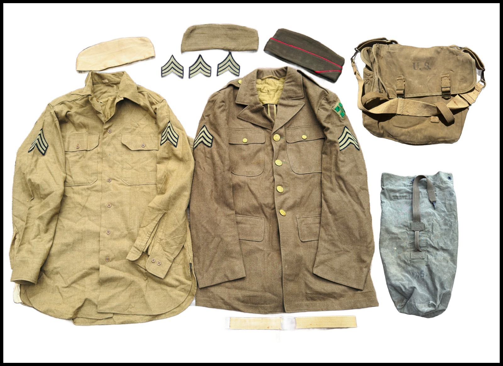 WWII US 4th Infantry Uniform W-3965 & Mixed Mussette Field Duffle Bag Grouping WWII US 4th Infantry Uniform W-3965 & Mixed Mussette Field Duffle Bag Grouping