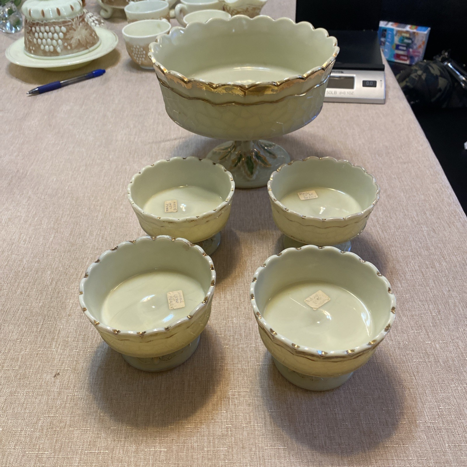 EXTREMELY RARE Antique Northwood Master Berry & Four Sauce Bowls Custard Maple EXTREMELY RARE Antique Northwood Master Berry & Four Sauce Bowls Custard Maple