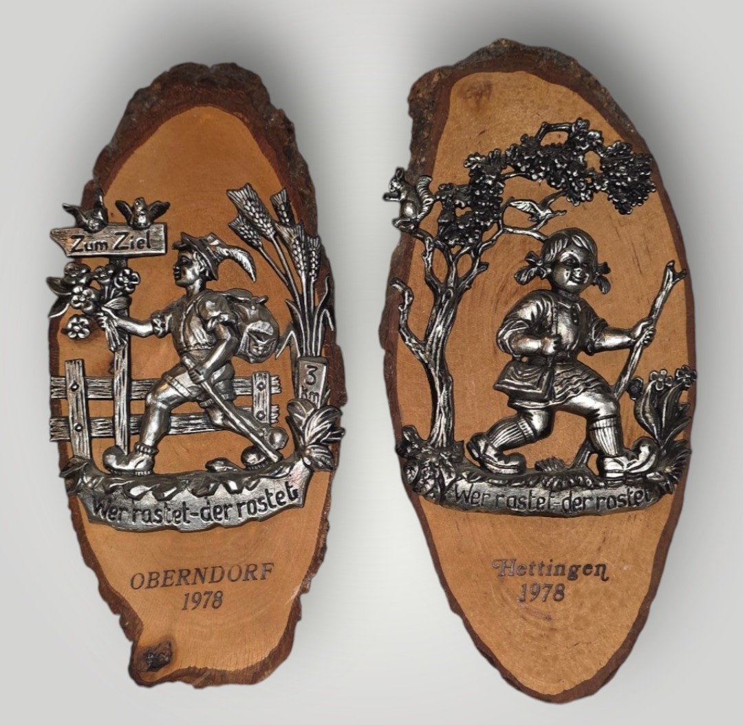 Vintage German Metal Wood Wall Plaques Oberndorf Hettingen 1978 Set of 2 Vintage German Metal Wood Wall Plaques Oberndorf Hettingen 1978 Set of 2