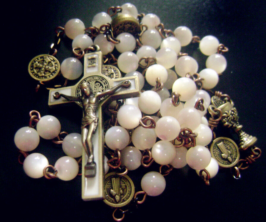* Vintage Mother-of-Pearl Beads ROSARY Ancient bronze st.benedict Cross necklace