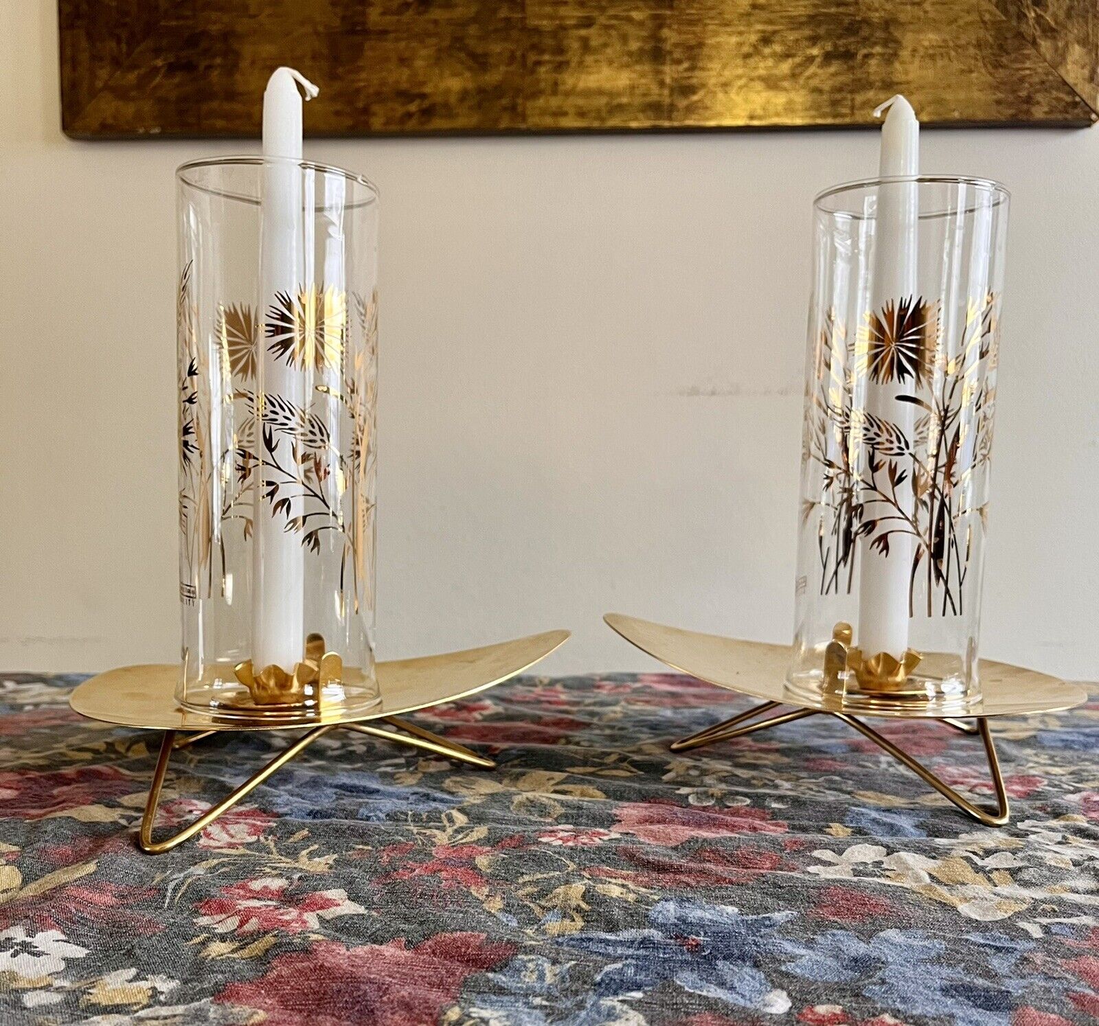 Vintage Atomic David Douglas MCM Glass Hurricane Brass Candle Holder 22 K Gold 