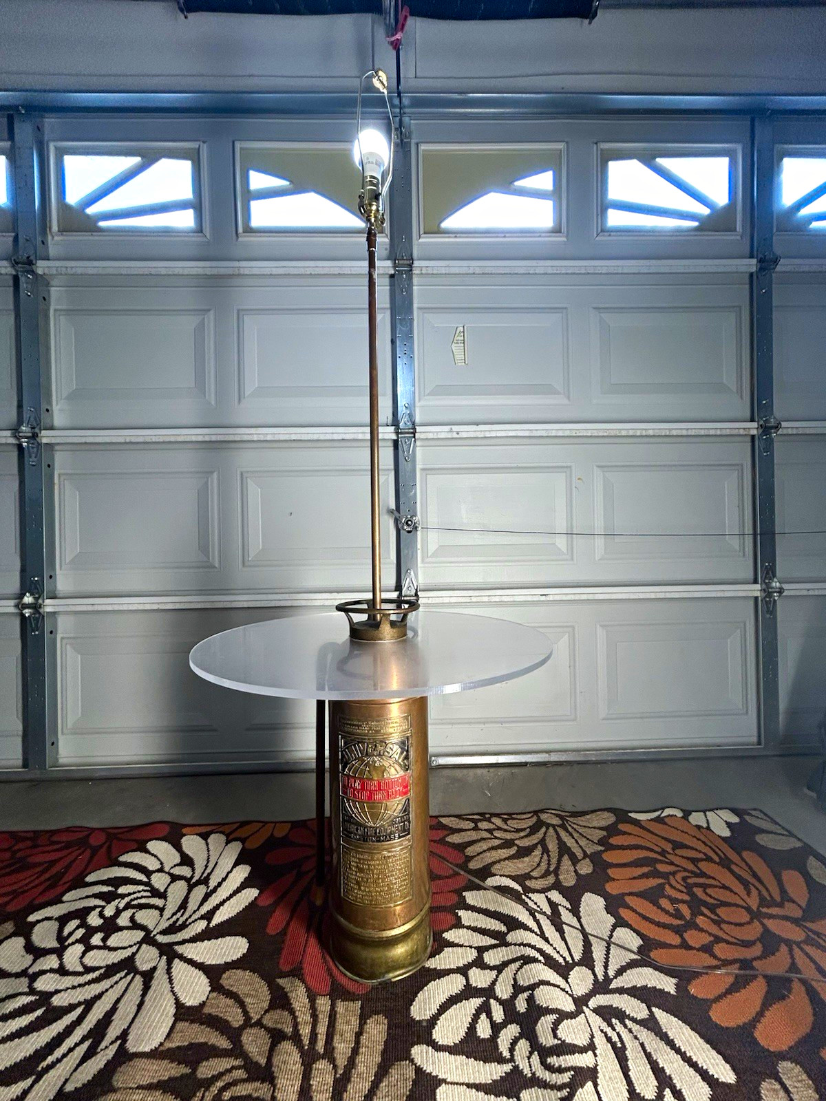 Vintage Brass Fire Extinguisher Converted Lamp w/ Glass Round Table Top Vintage Brass Fire Extinguisher Converted Lamp w/ Glass Round Table Top