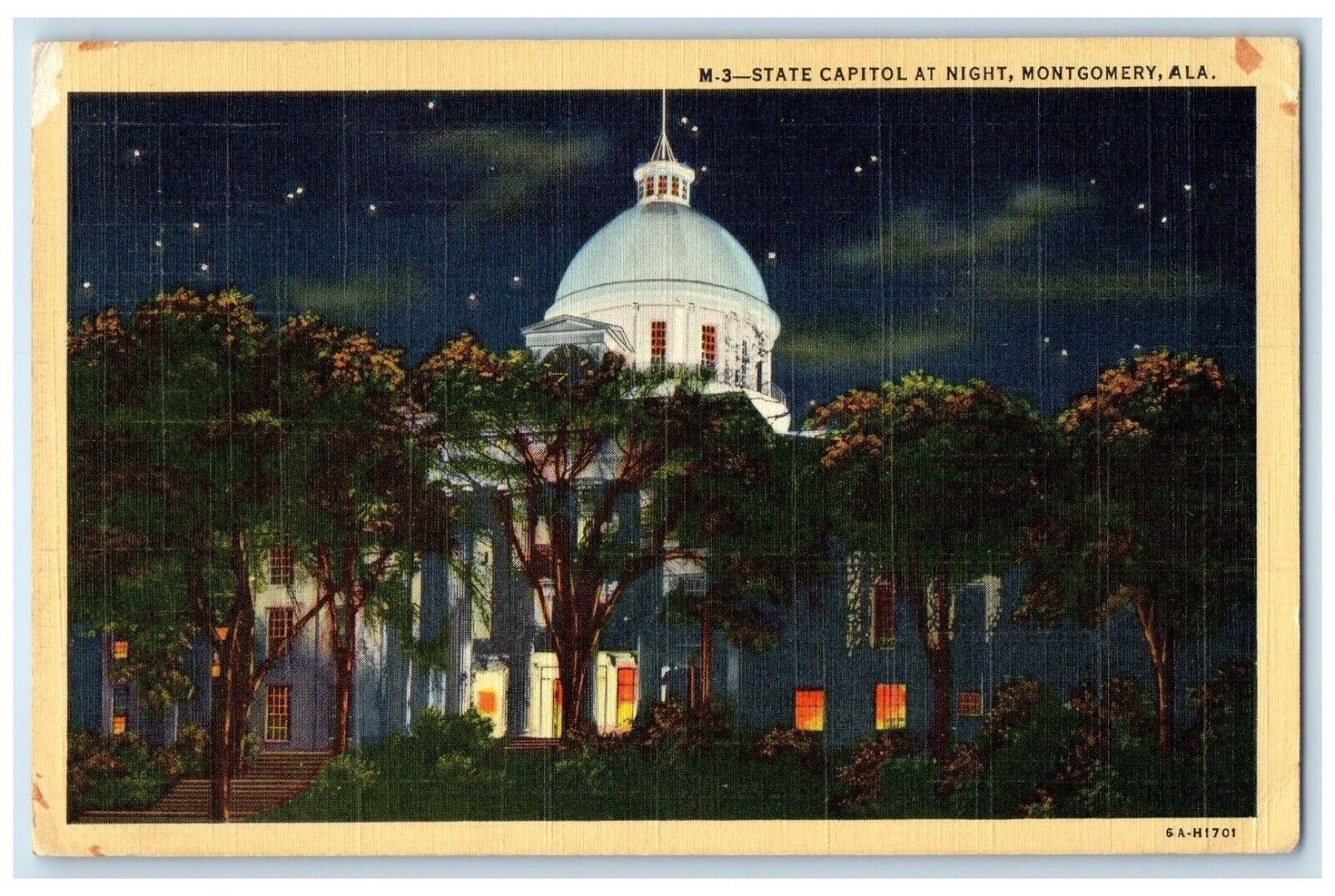 1942 State Capitol Night Exterior Building Montgomery Alabama Vintage Postcard
