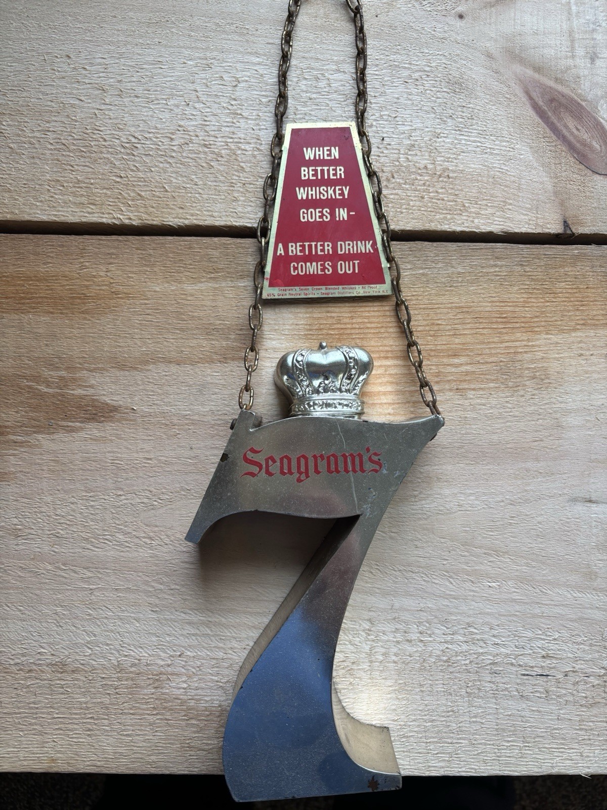 Seagram's 7 Crown Hanging Advertising Sign w/ Chain Silver/Red