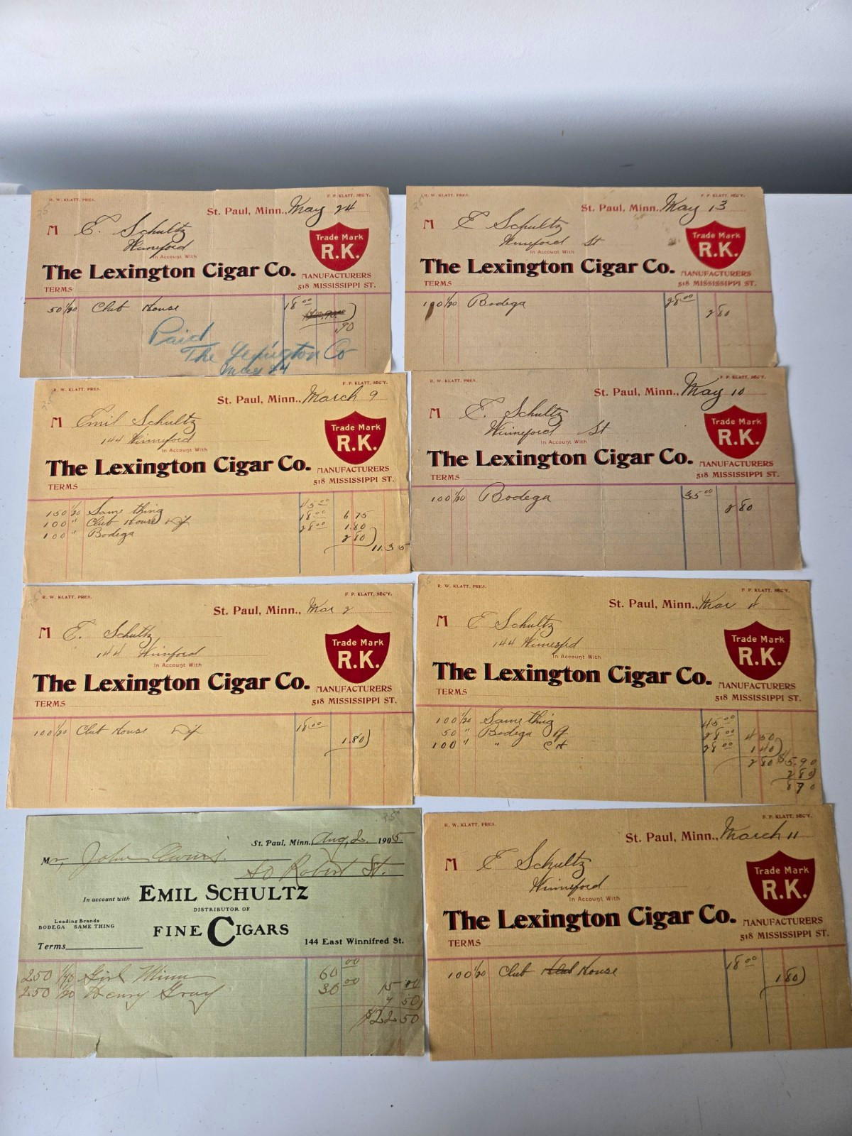 Antique 1905 St Paul MN Lexington Cigar Co Billheads Receipts Lot of 8 Antique 1905 St Paul MN Lexington Cigar Co Billheads Receipts Lot of 8