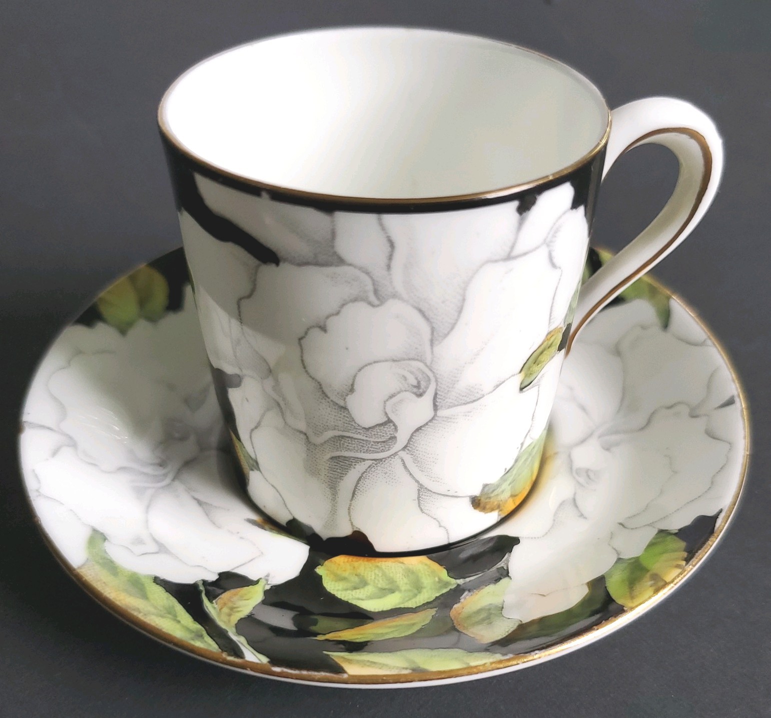 Vintage Black Paragon Cup, Saucer, White Gardenia, Double Warrant, England