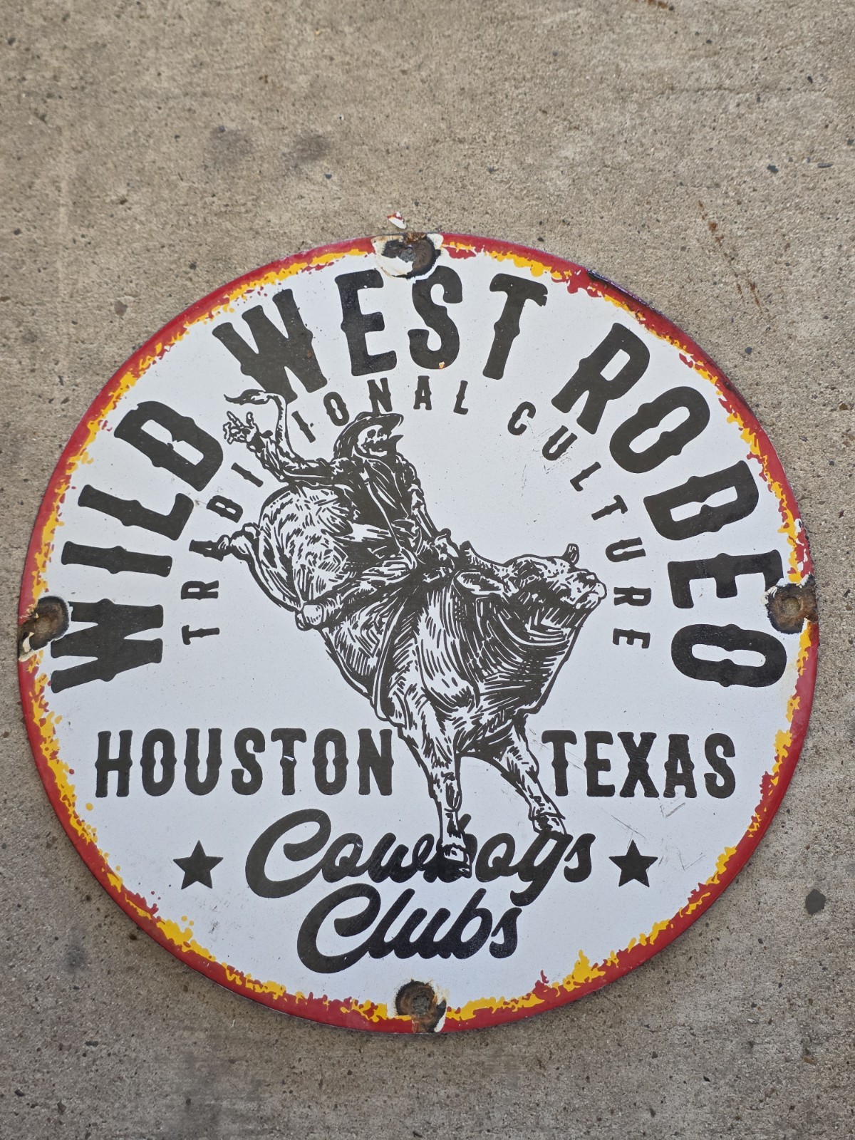 VINTAGE WILD WEST RODEO HOUSTON PORCELAIN SIGN DANCE CLUB HONKY TONK RODEO 12"