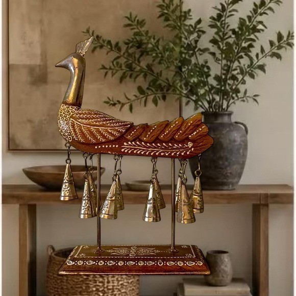 Unique handmade carved wooden peacock with bells Unique handmade carved wooden peacock with bells