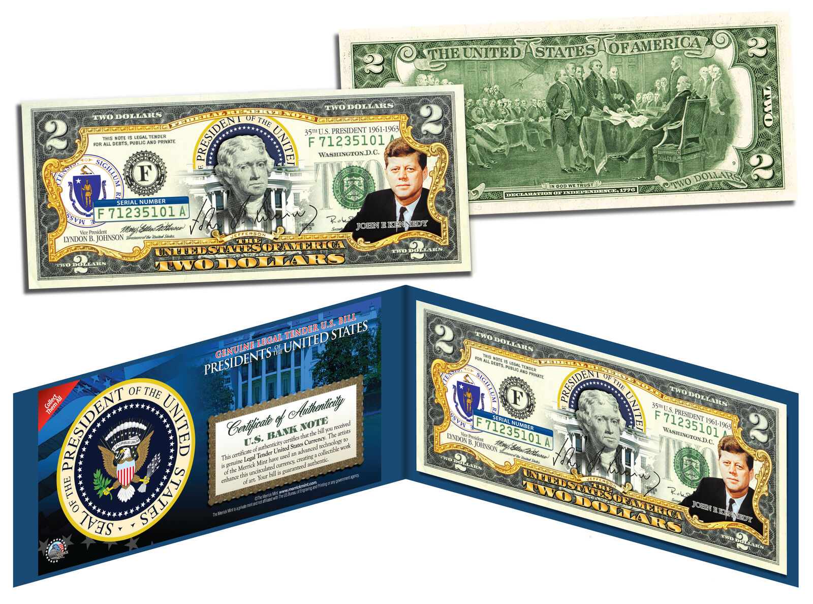 JOHN F KENNEDY * 35th U.S. President * Colorized $2 Bill US Genuine Legal Tender