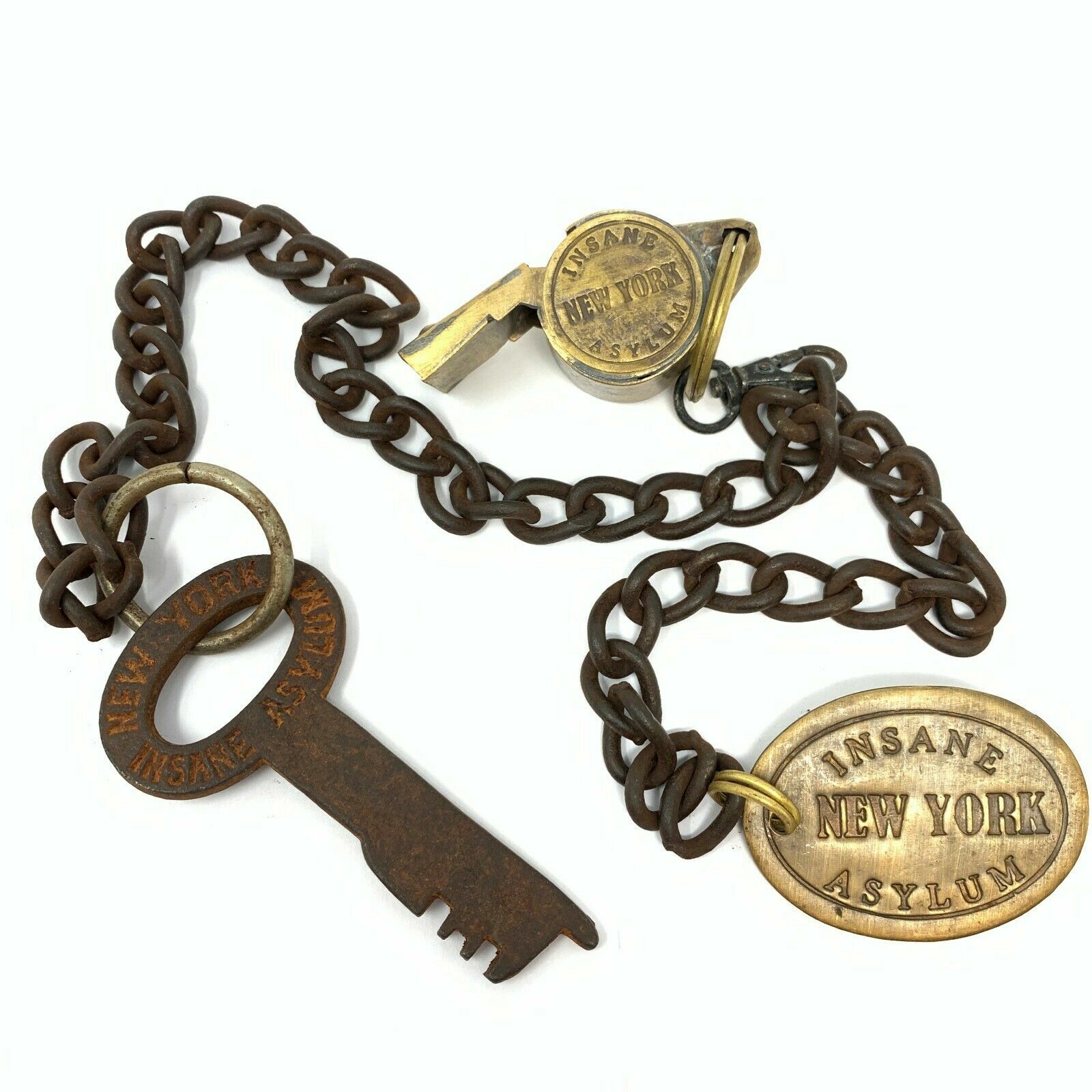 New York Insane Asylum Guard Iron Cell Key, Tag & Solid Brass Whistle New York Insane Asylum Guard Iron Cell Key, Tag & Solid Brass Whistle