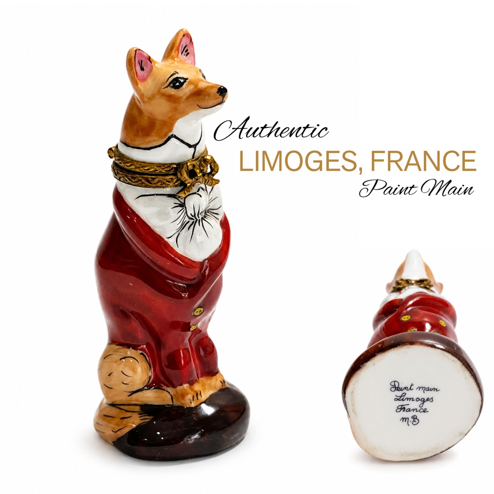 Authentic Limoges Peint Main Fox in Red Robe Trinket Box Hinged Head Mint Authentic Limoges Peint Main Fox in Red Robe Trinket Box Hinged Head Mint