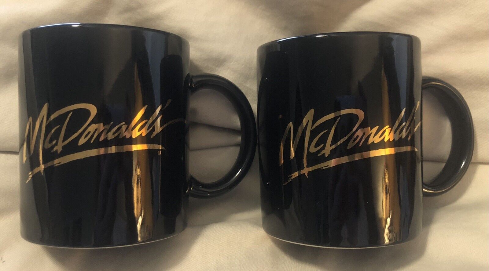 Vintage McDonald\'s Logo Coffee Tea Mugs Cups Set of 2 Black & Gold Ceramic