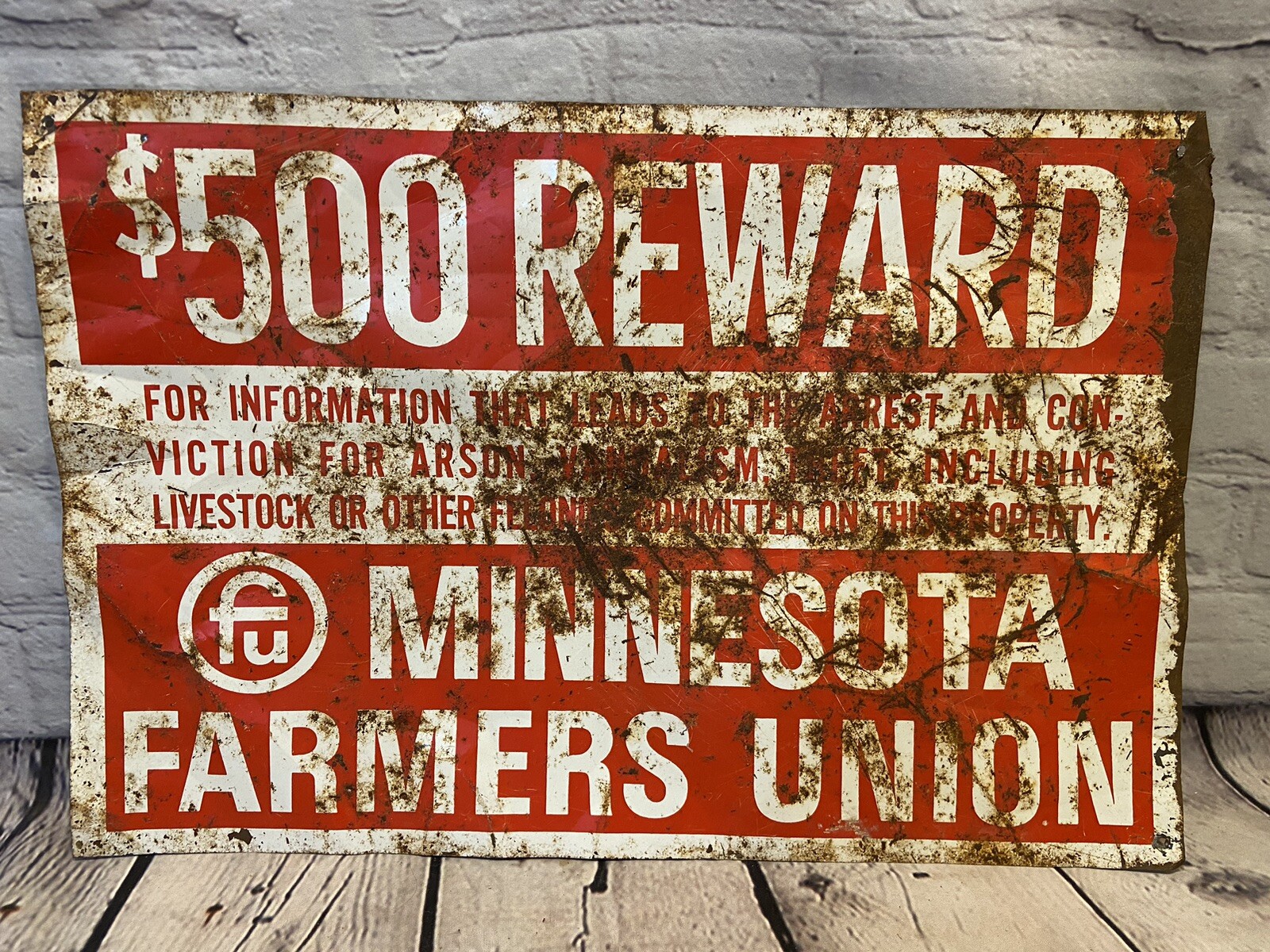 Vintage Minnesota Farmers Union Sign $500 Reward Sign Metal 18"-12"