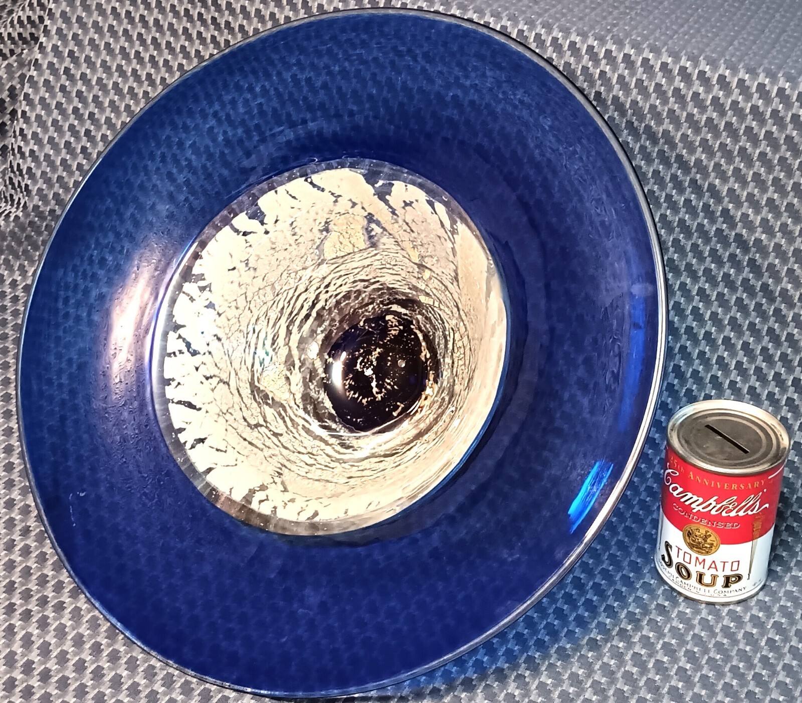 MASSIVE 16" seattle studio art glass bowl vtg cobalt blue silver foil pnw signed
