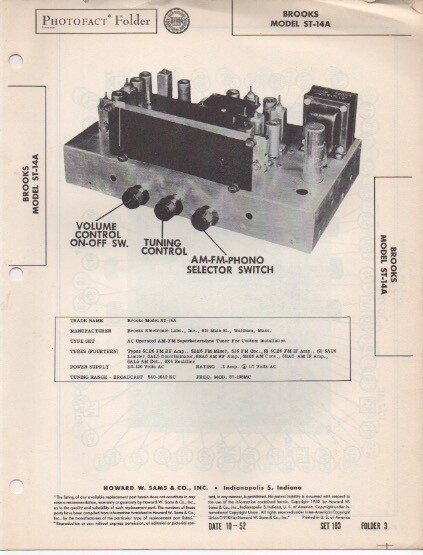 1952 BROOKS ST-14A RADIO SERVICE MANUAL SCHEMATIC PHOTOFACT DIAGRAM REPAIR AMP 1952 BROOKS ST-14A RADIO SERVICE MANUAL SCHEMATIC PHOTOFACT DIAGRAM REPAIR AMP