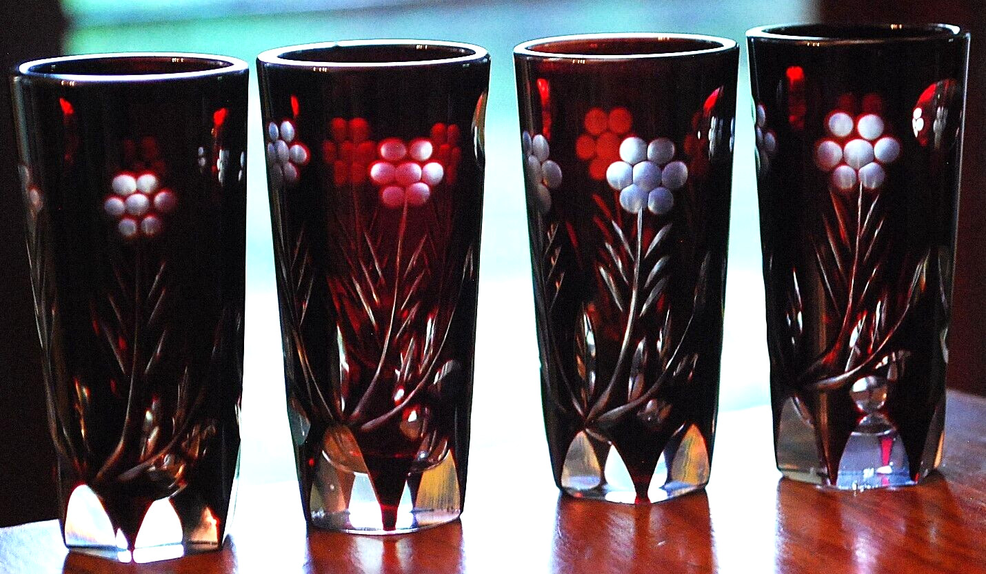 Vtg Set 4 RUBY RED CUT TO CLEAR Tall Shot Glasses FLOWERS & DOTS 2.75" Bohemian Vtg Set 4 RUBY RED CUT TO CLEAR Tall Shot Glasses FLOWERS & DOTS 2.75" Bohemian