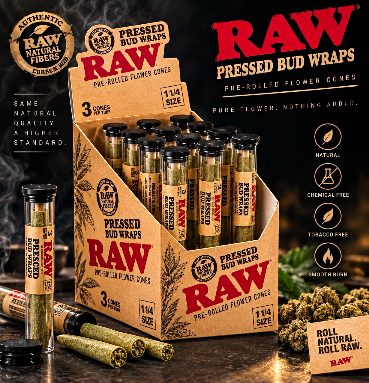 RAW Pressed Bud Wraps Pre-Rolled Flower Cones 1 1/4 Size 3/Tub 12 pack box new RAW Pressed Bud Wraps Pre-Rolled Flower Cones 1 1/4 Size 3/Tub 12 pack box new