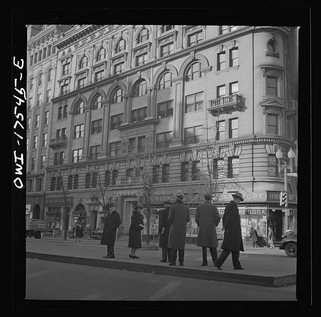 Photo:Downtown Street Scene Men Crossing Sidewalk 1930s Department Store Photo:Downtown Street Scene Men Crossing Sidewalk 1930s Department Store
