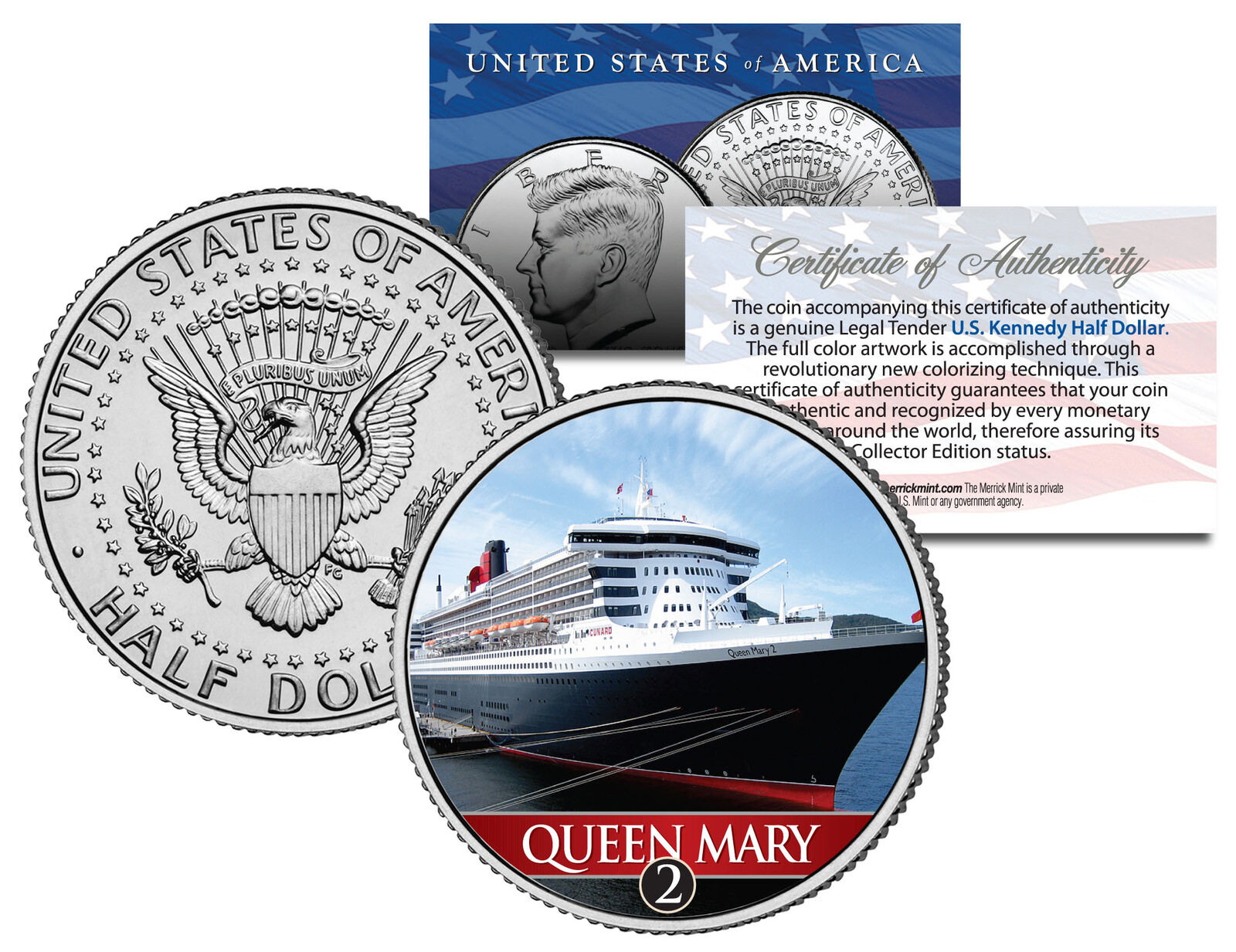 RMS QUEEN MARY 2 Ocean Liner Colorized JFK Half Dollar Coin - U.S. Legal Tender