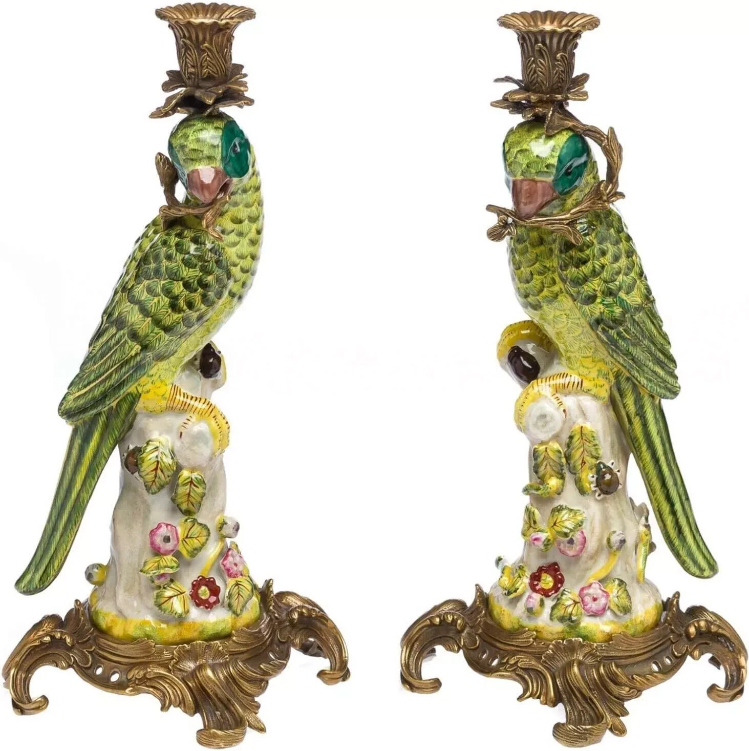 A PAIR OF BRONZE MOUNTED PORCELAIN PARROT CANDLE HOLDER NEW FIGURE Candlesticks